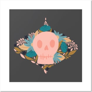 Whimsical Floral Skulls: Pink and Blue with Delicate Vines Posters and Art